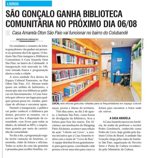 Matéria de jornal sobre a Biblioteca A Casa Amarela