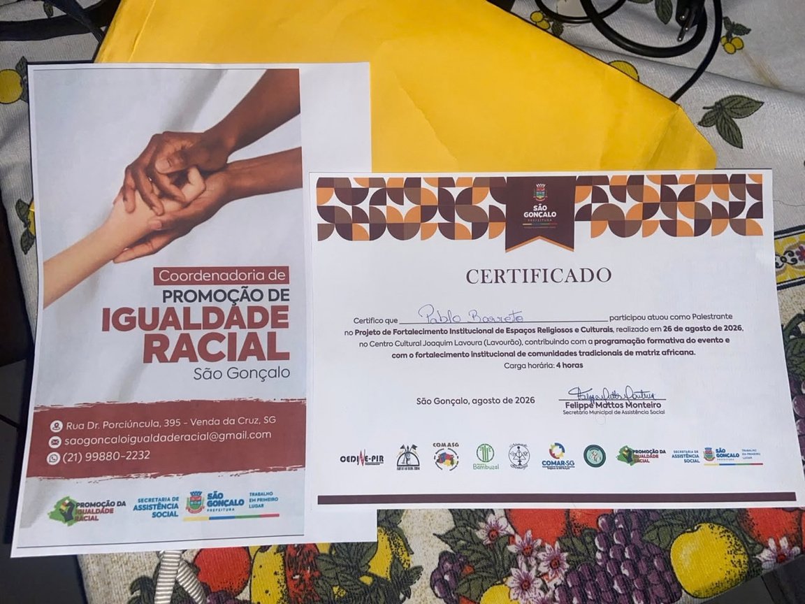 Certificado de palestrante da Coordenadoria de Promoção de Igualdade Racial de São Gonçalo