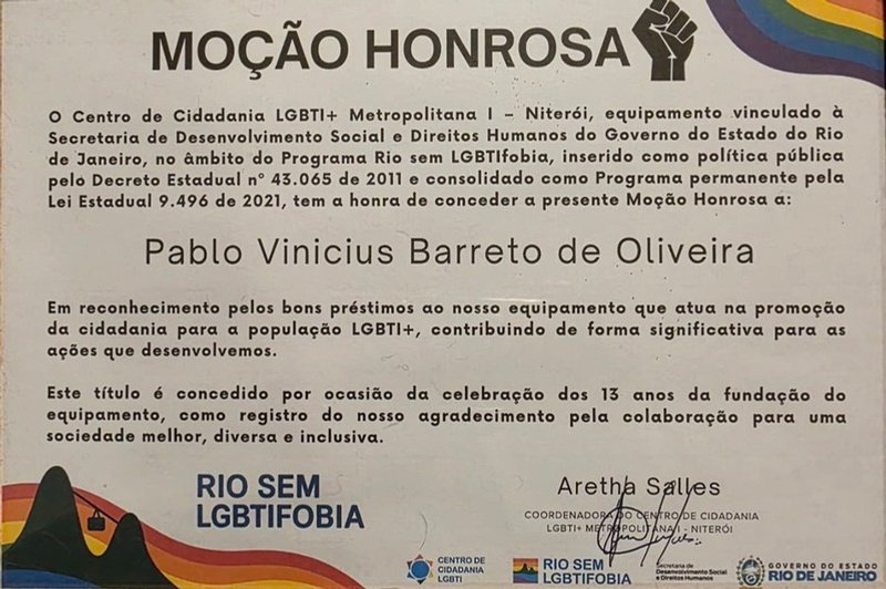 Certificado da Moção Honrosa Rio sem LGBTIfobia